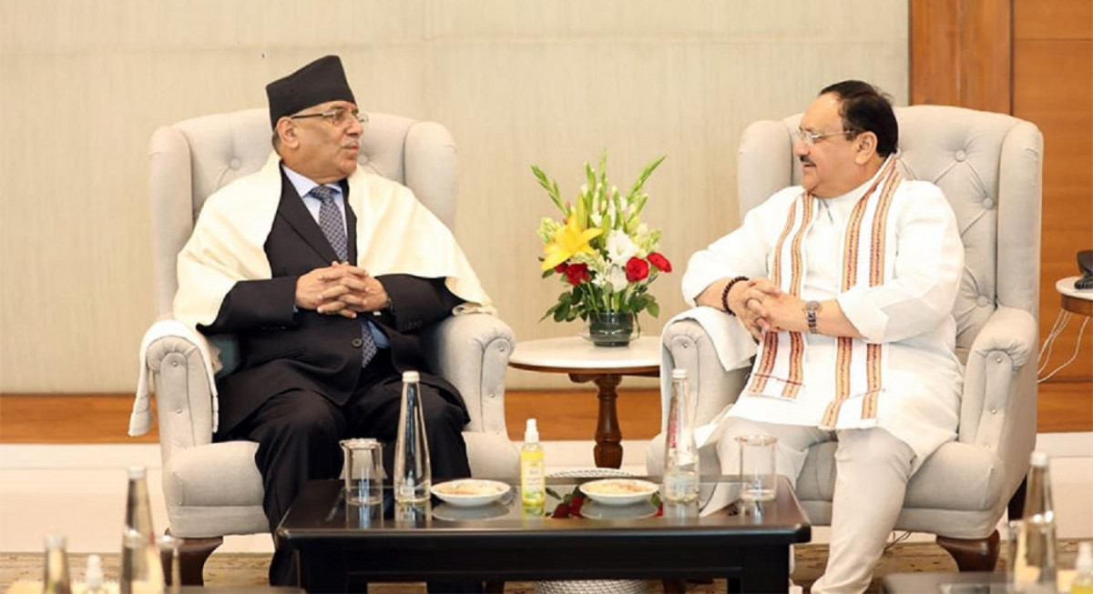 Dahal meets JP Nadda at BJP headquarters
